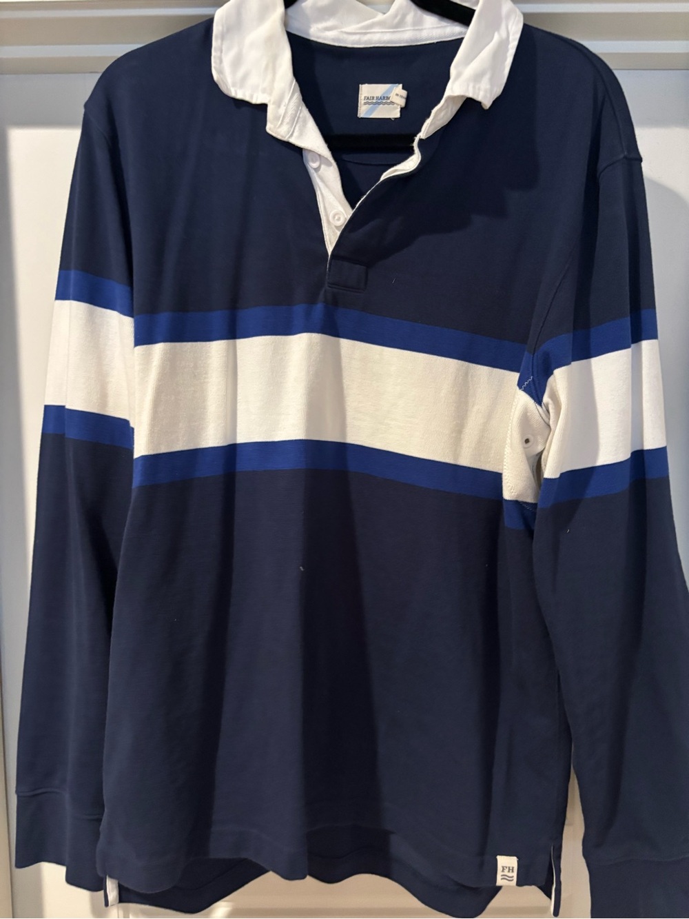 Fair Harbor Navy Long-Sleeve Rugby with White and Royal Blue Stripes
